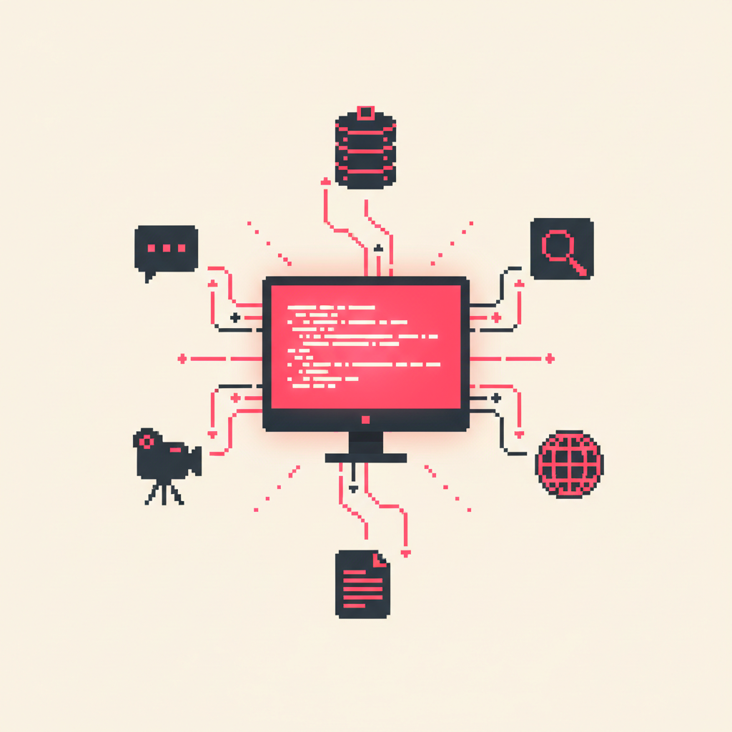 Code on a central screen with data streams flowing inward from surrounding nodes — database, chat, search, video, documents, globe