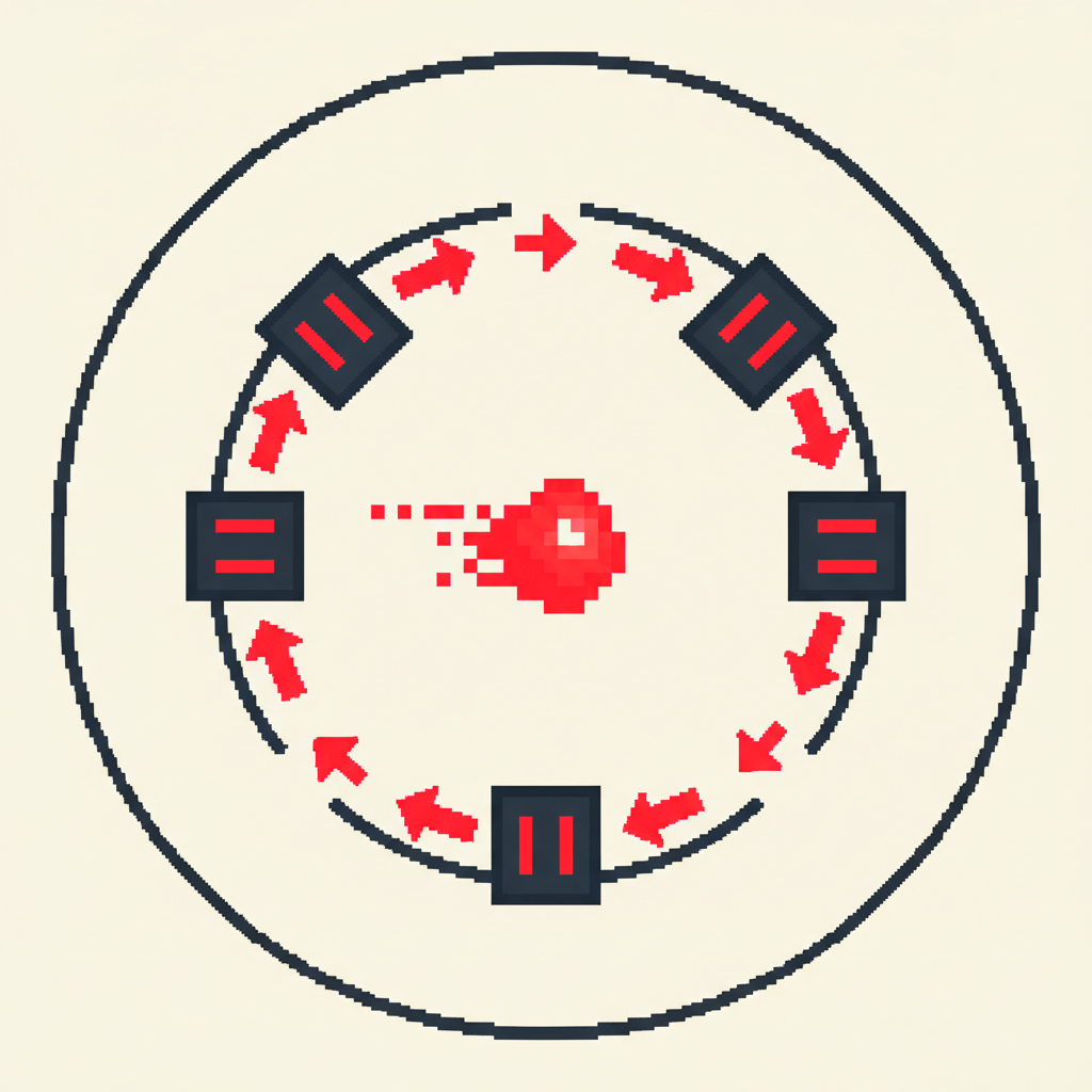 A circular self-healing loop — five stations connected by flowing arrows, energy pulsing at the center